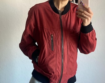 Vintage Red Suede Leather Bomber Jacket - Size S/M