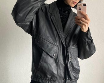 Vintage Dark Grey Soft Leather Bomber Jacket- Size S/M