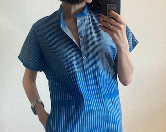 Sukienka bawełniana w paski w kolorze niebieskim i białym z lat 80. XX wieku, rozmiar S