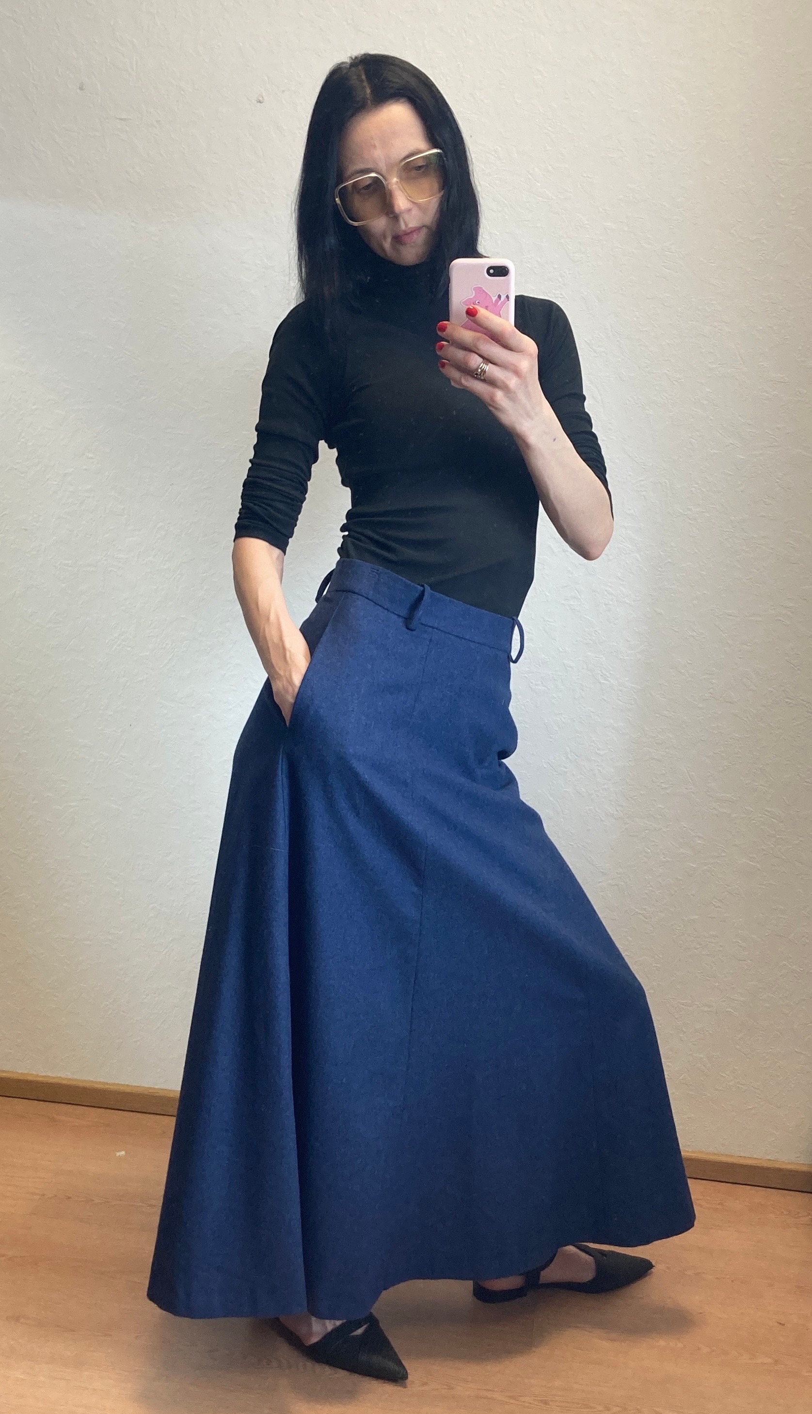 Vintage Maxi Skirt - Long Navy Blue Woollen Skirt 1970s