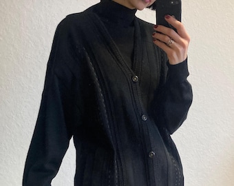 Vintage Pierre Cardin Wool Knit Cardigan: Black Suede Trim, Geometric Pattern