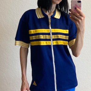 Vintage Adidas Navy Blue And Yellow Full Zip Polo Shirt 1980s Mens Size M