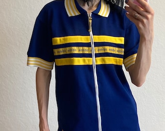 Vintage Adidas Navy Blue And Yellow Full Zip Polo Shirt 1980s Mens Size M