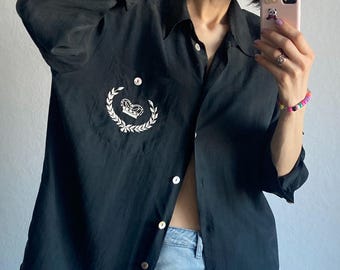 Vintage Black Silk Shirt - Size M/L