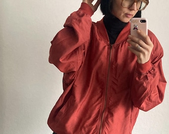 Vintage Terracotta Red Silk Bomber Jacket – Size M/L