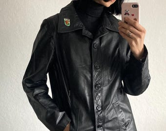 Vintage Black Leather Jacket from 1970s Size S