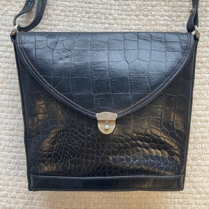 Bolso de hombro vintage de piel sintética negra con imitación de piel de cocodrilo y serpiente, años 80