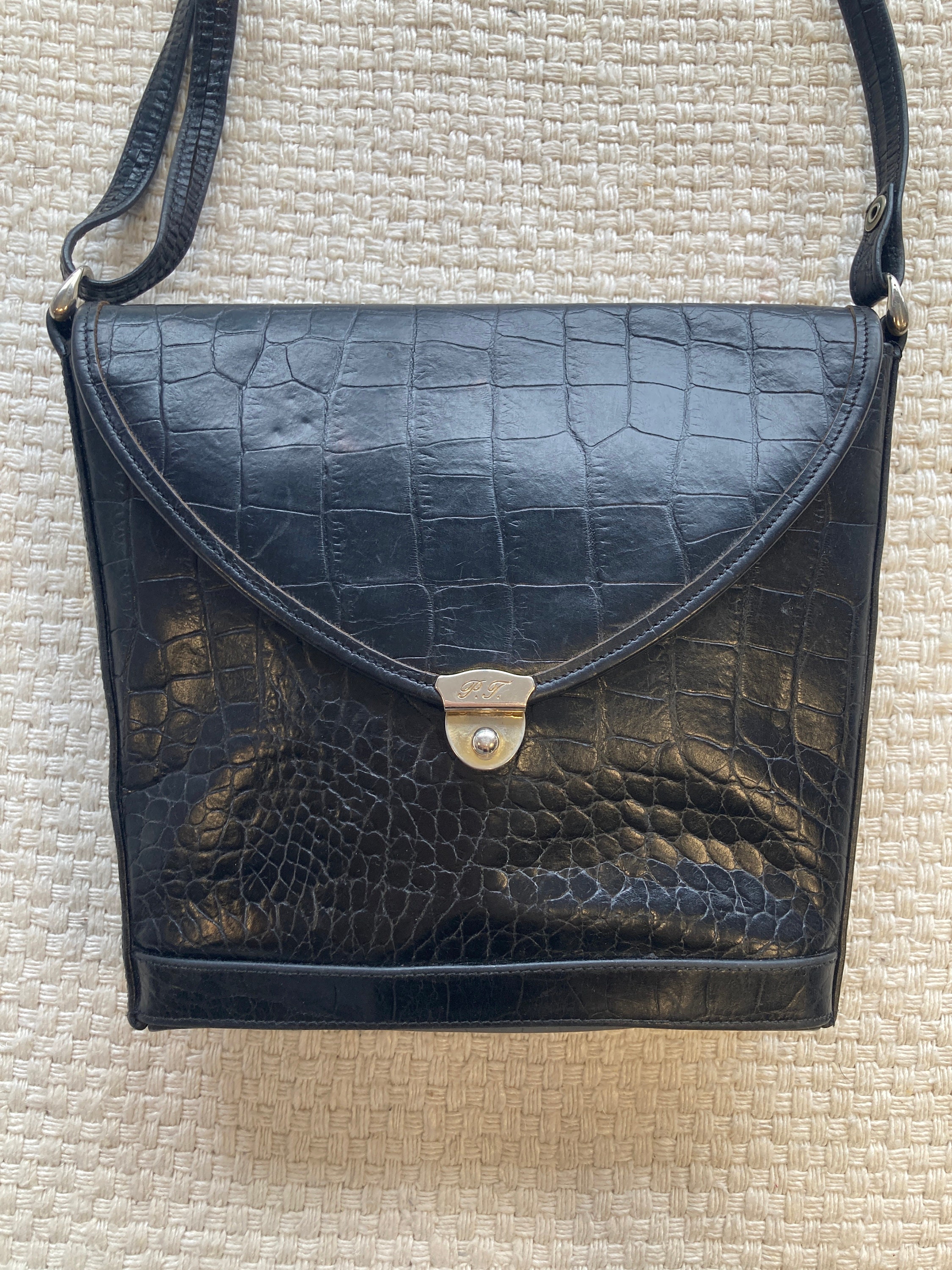 Vintage Black Faux Leather Shoulder Bag Crocodile and Snakeskin Imitation 1980s