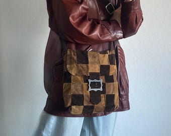 Vintage Brown Suede Leather Patchwork Check Pattern Strap Bag