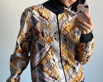 Vintage Black and Yellow Abstract Pattern Cotton Bomber Jacket - Size S