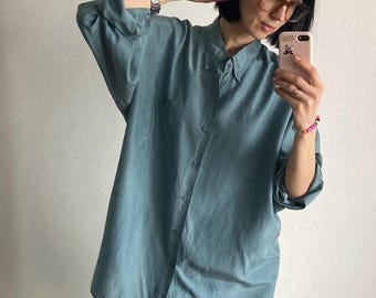 Vintage Cyan Blue Silk Shirt - Size L/XL