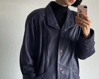 Vintage 1980s Dark Purple Oversized Leather Blazer Jacket (Size S)
