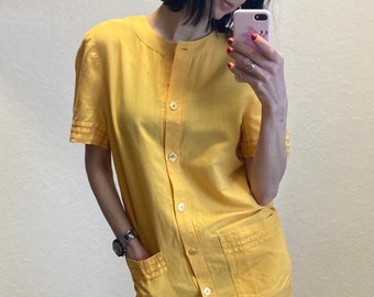 Vestido camisero mini vintage de algodón y lino amarillo Louise Spagnoli, década de 1980