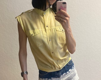 Vintage ärmelloses gelb-weiß gestreiftes Blusenshirt mit Taschen aus den 1980er Jahren