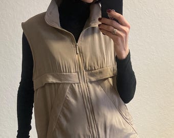Vintage Beige Silk Fleece Vest: 90s Sleeveless Jacket - Size S