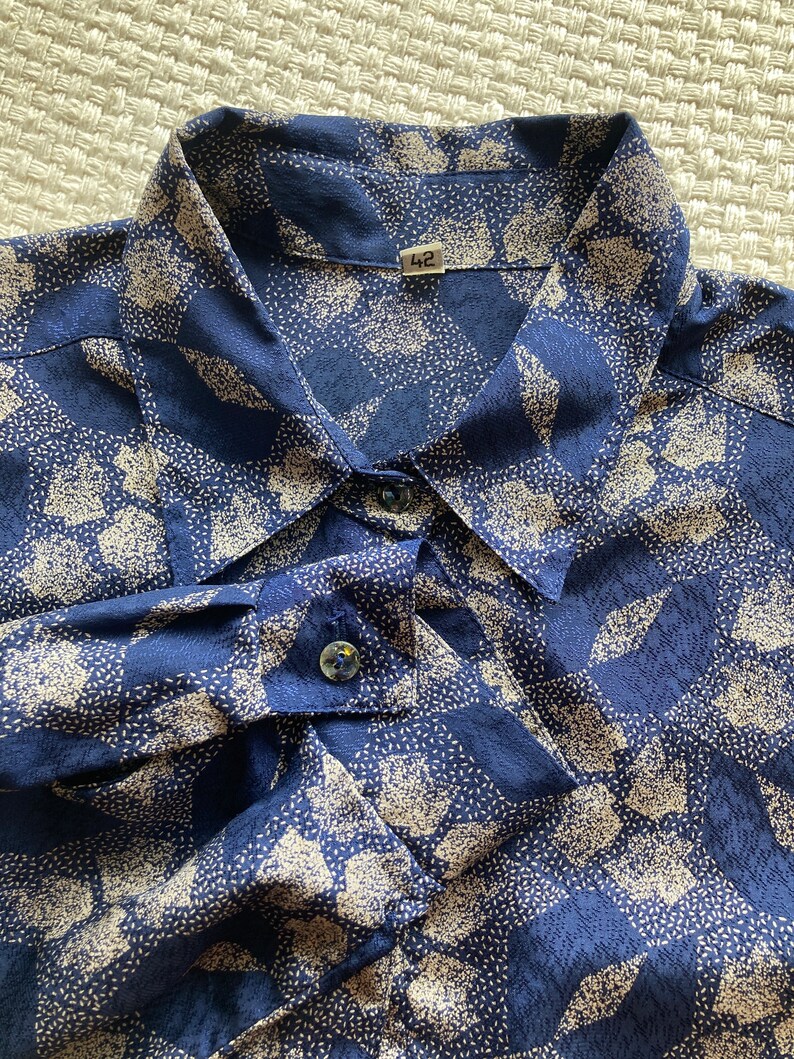 Pu&ograve; includere: Una camicia abbottonata blu e bianca con motivo, colletto e maniche lunghe. La camicia ha un'etichetta di taglia che dice "42".