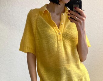 ヴィンテージ ユニセックス イエロー ニット ポロシャツ 1970 年代 1980 年代 Carat サイズ M サイズ S