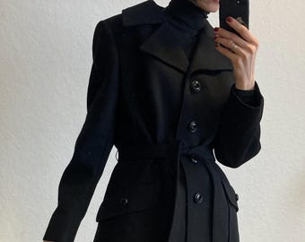1970s Vintage Black Wool Coat with Belt (Size S-M)
