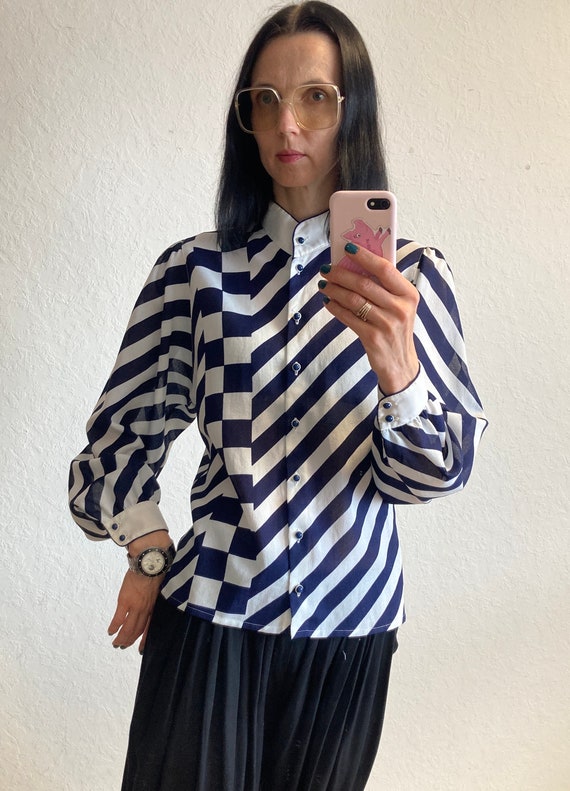 Vintage Sommermann Asymmetrical Geometric Pattern Shirt Blouse in Navy Blue and White From 1980s Size S Etsy UK