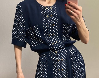 Abito estivo vintage a pois bianchi blu navy anni '80