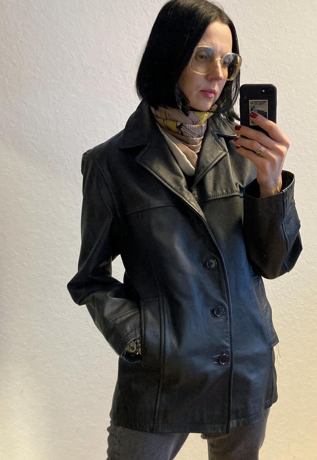 Vintage Unisex Black Shirt Style Leather Jacket From 1980s