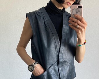 Vintage Dark Navy Blue Leather Sleeveless Vest Jacket - Size M/L