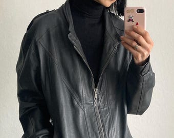 Vintage Grey Leather Bomber Jacket – Size S/M