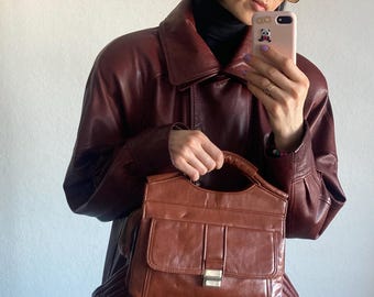 Vintage Brown Faux Leather Top Handle Bag