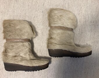 靴 70s vintage laceup eskimo boots Vintage 70-80s Lace-up Suede / Faux Fur Winter Snow Boots Women's