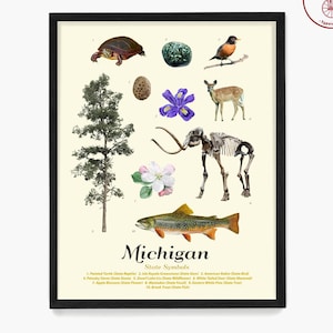 Michigan State Symbols Poster, Michigan Wall Art, Michigan Home Decor, Housewarming Art
