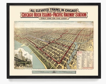 Op de afbeelding: Een vintage kaart van Chicago, Illinois, met daarop de verhoogde treinlijnen en het Chicago Rock Island Pacific Railway Station. De kaart is in een zwart frame en heeft een rode titel.