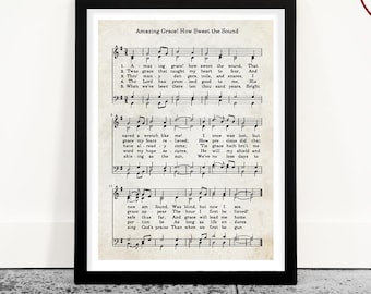 May include: A vintage framed print of the hymn "Amazing Grace! How Sweet the Sound" with sheet music and lyrics. The print is on aged paper with a cream background and black text.
