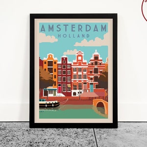 Amsterdam Travel Poster – Vintage Canal Scene Wall Art, Netherlands Home Decor, Gift for Travelers & Amsterdam Lovers
