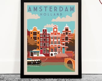 Poster di viaggio vintage di Amsterdam: scena del canale, arte olandese