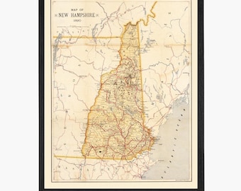 New Hampshire Map Art Print: Vintage NH State Map Decor