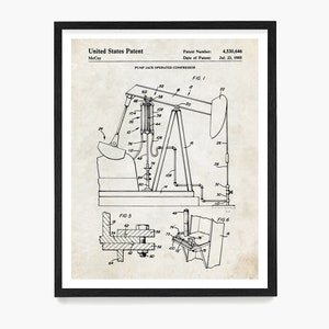 May include: A black and white line drawing of a pump jack operated compressor patent. The patent number is 4,530,646 and the date of patent is July 23, 1985. The patent is titled "Pump Jack Operated Compressor".