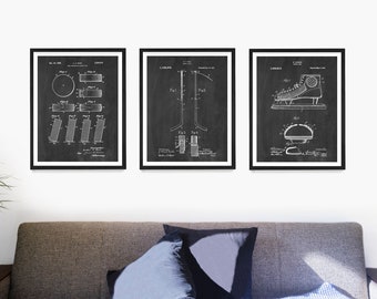 Hockey Patent Art Print Set: Puck, Stick, Skate - Boys Room Decor