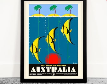 Reisposter Great Barrier Reef – vintage Australië onderwaterscène muurkunst, print tropisch koraalrif, cadeau voor duikers en oceaanliefhebbers