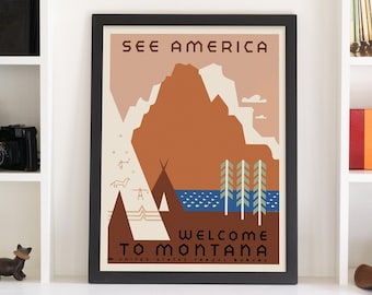 Könnte beinhalten: Ein Vintage-Reiseposter mit einer braunen Bergkette, einem blauen See und grünen Bäumen. Das Poster lautet "See America - Welcome to Montana - United States Travel Bureau".