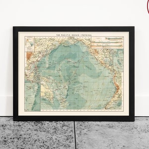 Pazifik Karte Druck, Physische Karte, Ozeanographie, Maritime Kunst, Nautische Dekoration, Pazifikküste Poster