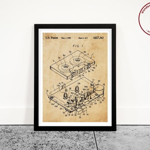 Patentposter cassetteband, kunst aan de muur muziek, decor opnamestudio, decor jaren 80 thema