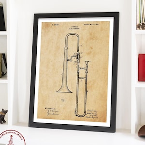 Trombone Patent Poster, Music Wall Art, Marching Band Art, Horn Patent, Jazz Decor, Band Poster, Musician Gift