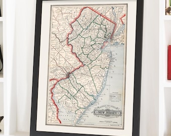Vintage New Jersey Map Art Print: Jersey Shore Home Decor