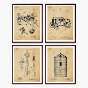 Stampe artistiche di brevetti di attrezzature agricole: trattore, silo, mulino a vento