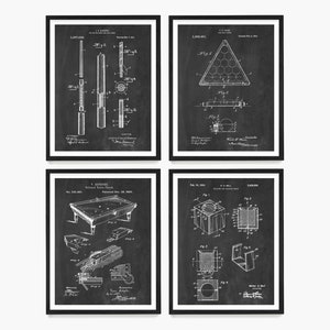 May include: Set of four black and white vintage patent prints featuring illustrations of billiard equipment. The prints include a billiard cue, a billiard rack, a billiard table, and a billiard ball pocket.