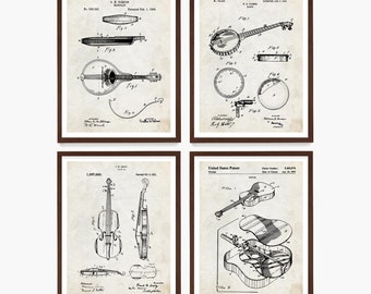 Bluegrass Music Instrument Patent Art Prints: Mandolin, Banjo, Guitar, Fiddle