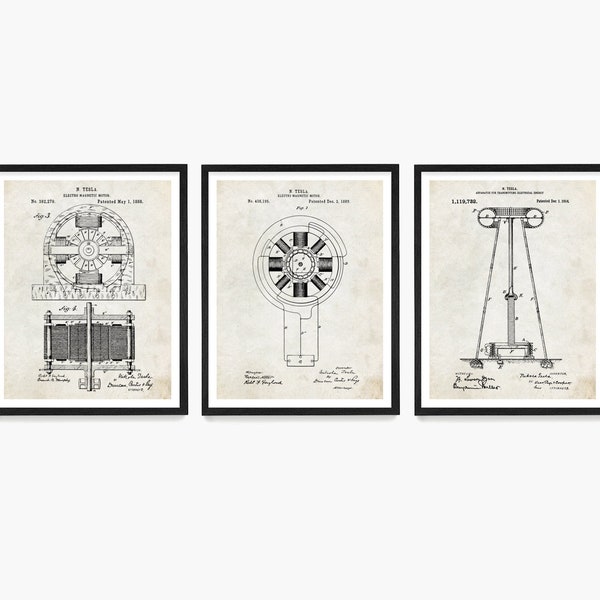 Nikola Tesla Electric Circuit Controller Poster Set, Tesla Coil Patent Wall Art, Electrician, Engineer, Science Gift, Technology Art