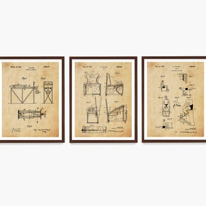 May include: Three vintage patent drawings in brown frames on a white background. The drawings are for a "Vibrating Exerciser", a "Chair for Exercising", and a "Device for Exercising the Legs".
