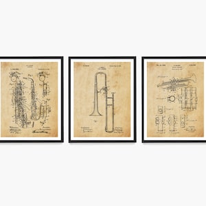 Trumpet Sax Trombone Patent Wall Art, Horn Section Artwork, Jazz Band Poster, Musician Gift, Brass Instrument