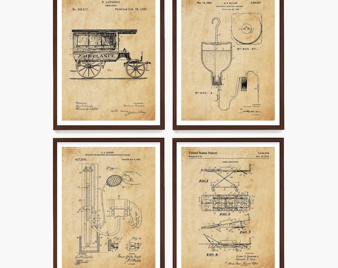 Vintage Ambulance Patent Art Print Set: Paramedic Emergency Vehicle Decor